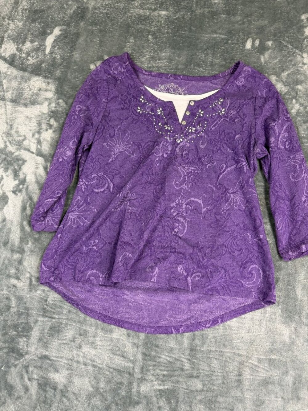 Gloria Vanderbilt Womens Purple Print Top Embellished Neckline 3/4 Sleeves XL